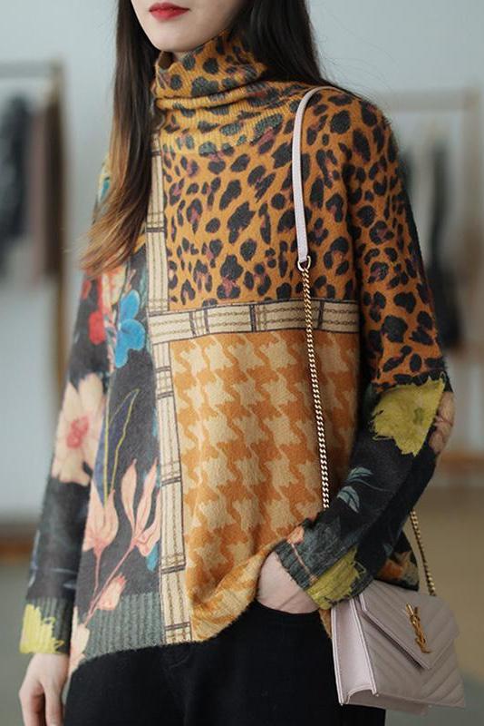 Color Contrast Flower Turtleneck Sweater