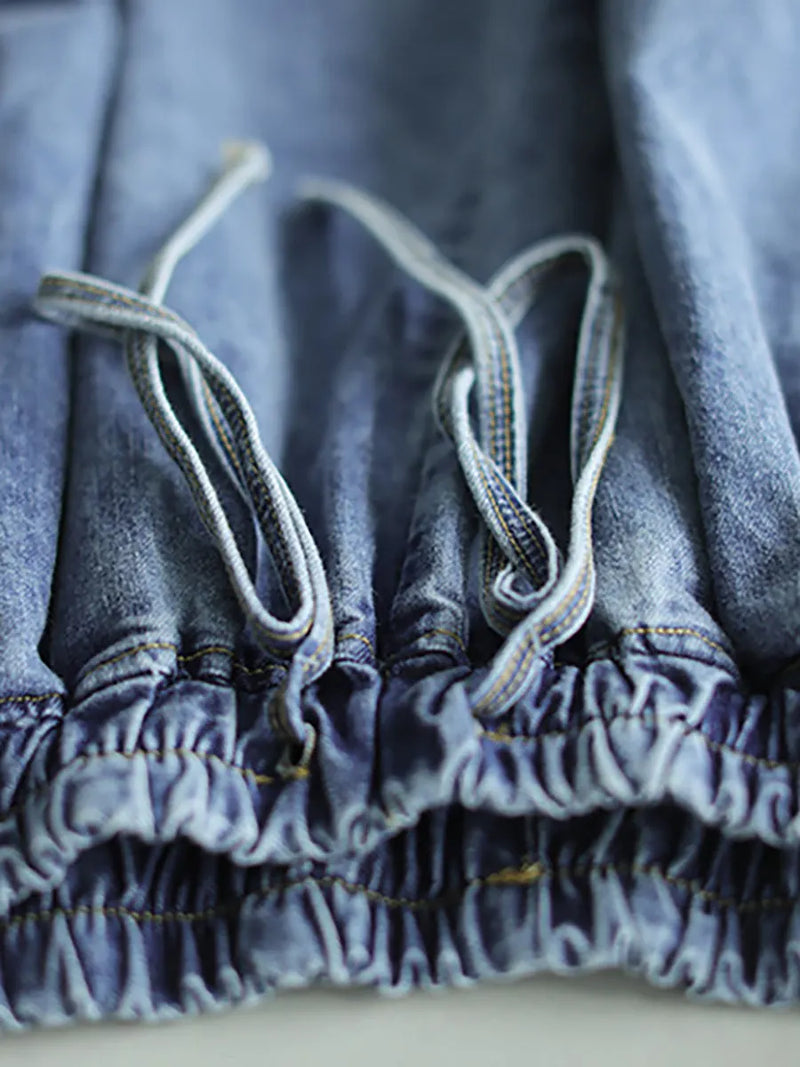 Drawstring Blue Denim Wide Leg Pants Jeans