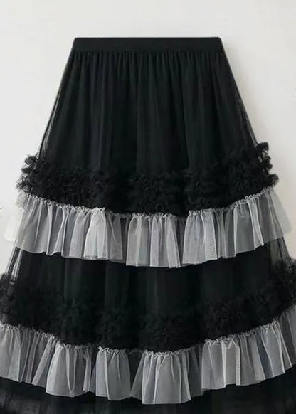 Loose Black Ruffled Elastic Waist Tulle Skirts Summer