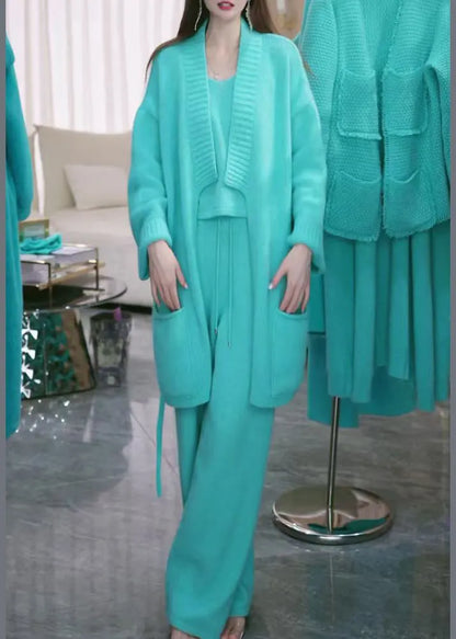 Blue V Neck Pockets Knit Three-piece Set Winter