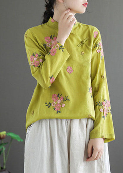 Fitted Yellow Mandarin Collar Embroidered Linen Blouse Top Long Sleeve