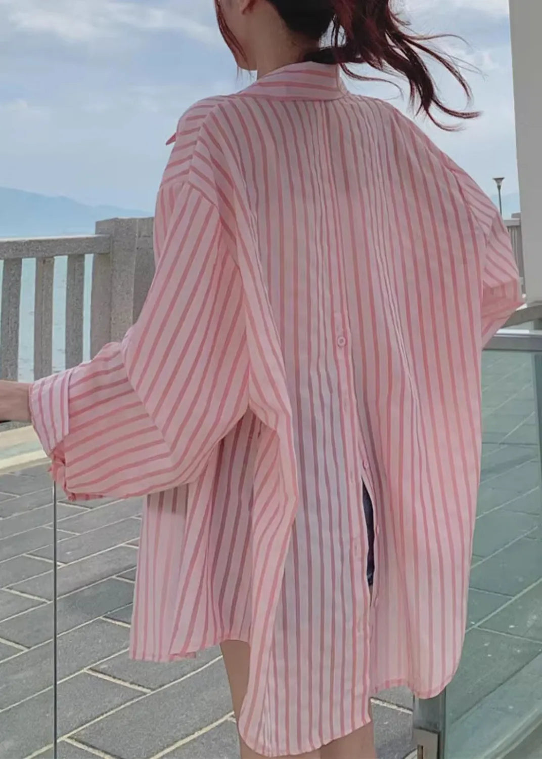 Loose Pink Button Pockets Cotton Blouses Long Sleeve