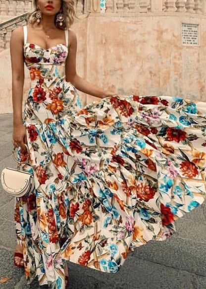 Print Wrinkled Cotton Spaghetti Strap Dress Summer