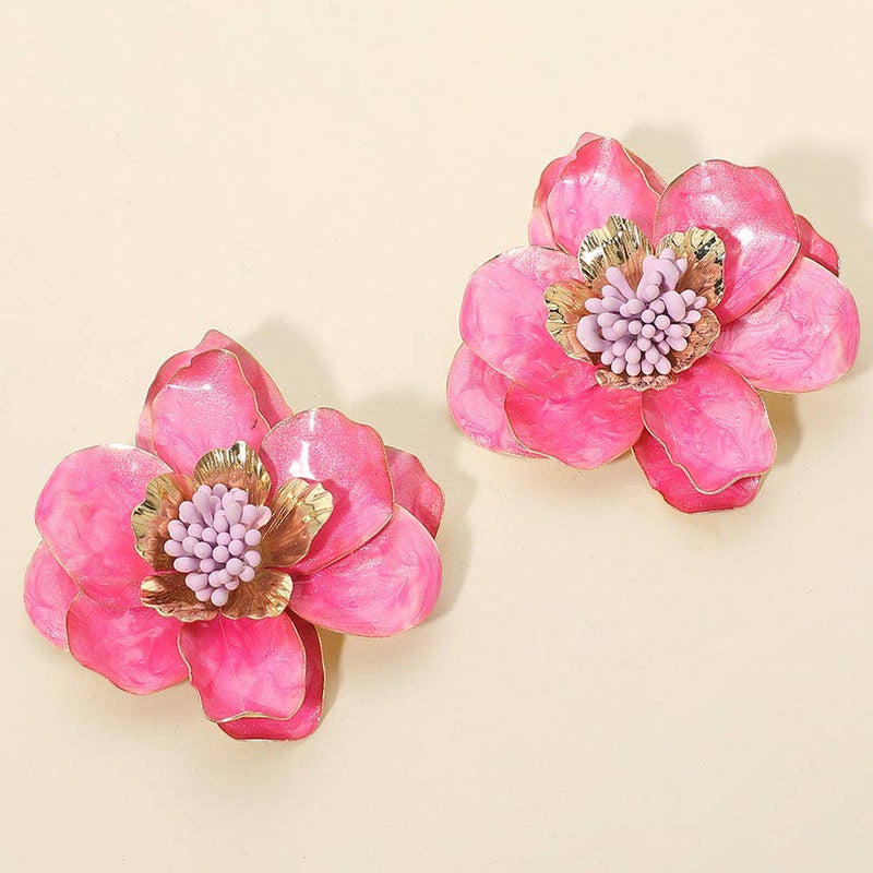 Bold Enamel Flower Statement Earrings: Fuchsia,gold