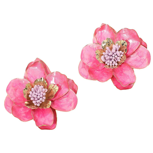 Bold Enamel Flower Statement Earrings: Fuchsia,gold