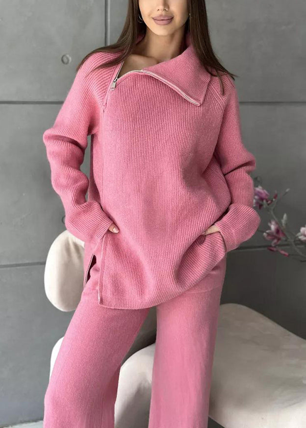 Stylish White High Neck Zip Up Knit Two Pieces Set Winter