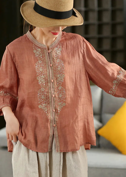 Orange O-neck Embroidered Linen Shirt Summer