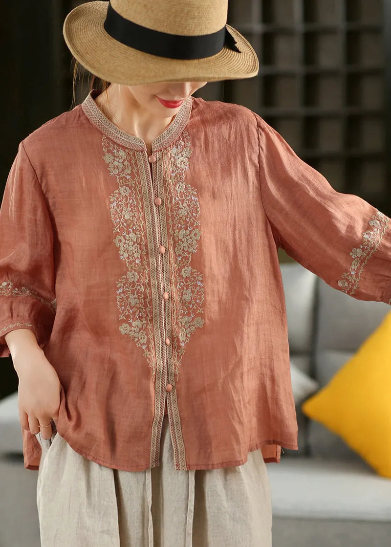 Orange O-neck Embroidered Linen Shirt Summer