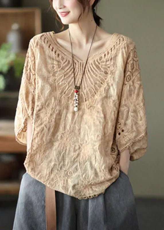 Khaki Cotton V Neck Embroidered Hollow Out Summer Blouses