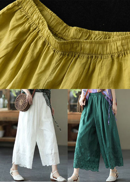 Green High Waist Linen Wide Leg Pants Embroidered Summer