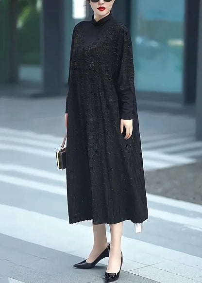 Loose Black Turtleneck Cashmere Maxi Dresses Batwing Sleeve