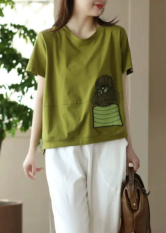 Green Patchwork Cotton T Shirt Top Embroidered Short Sleeve