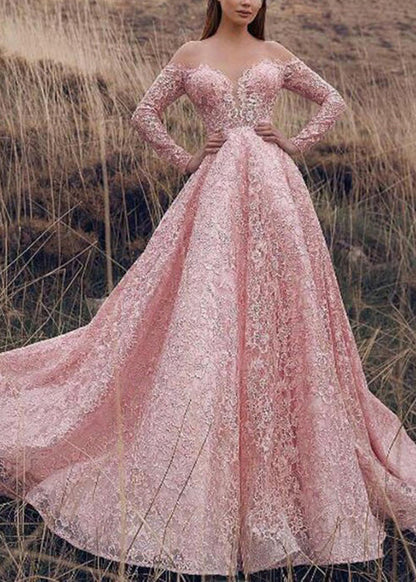 Pink Slash Neck Lace Ankle Dress Spring