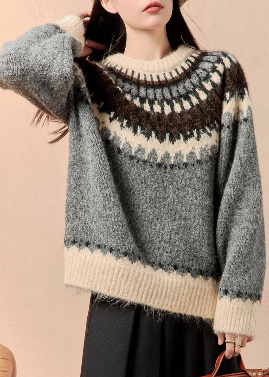 Grey O Neck Thick Patchwork Knit Sweater Winter