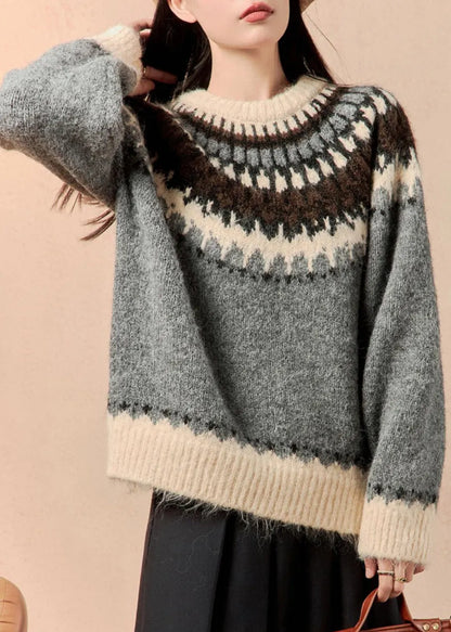 Grey O Neck Thick Patchwork Knit Sweater Winter