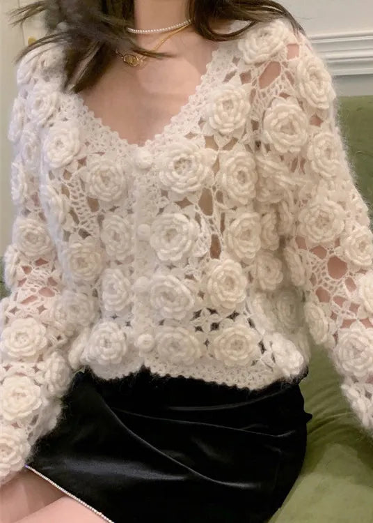 Beige Button Hollow Out Cotton Knit Coats Spring