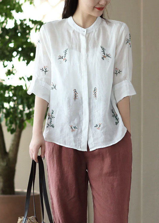 White Stand Collar Embroidered Patchwork Linen Tops Summer