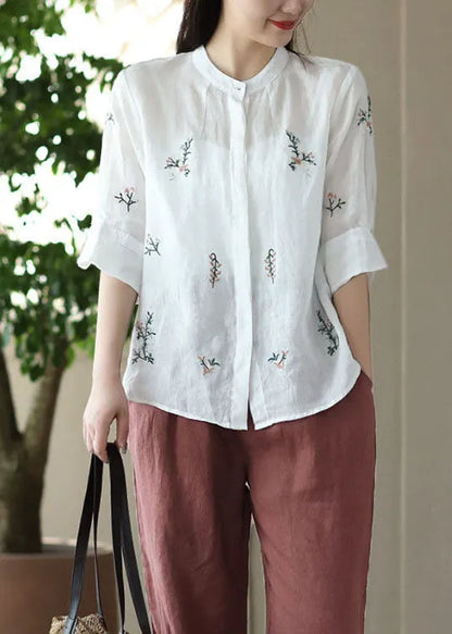 White Stand Collar Embroidered Patchwork Linen Tops Summer