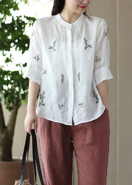 White Stand Collar Embroidered Patchwork Linen Tops Summer