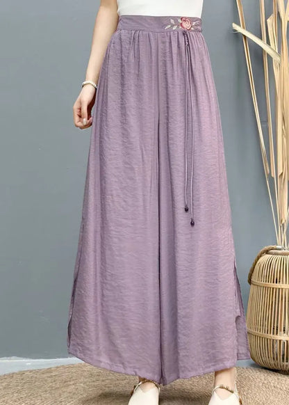 White Embroidered Side Open Linen Wide Leg Pants Summer