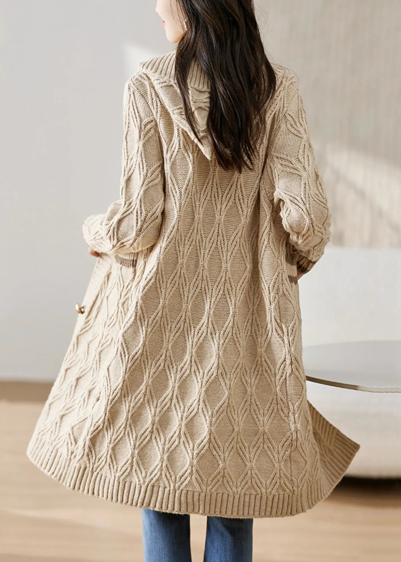Classy Beige Hooded Pockets Knit Loose Cardigan Fall