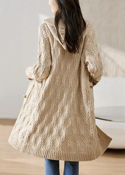 Classy Beige Hooded Pockets Knit Loose Cardigan Fall