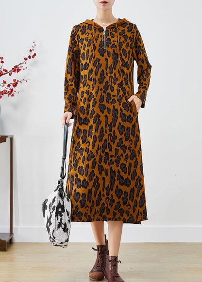 Brown Hooded Leopard Print Cotton Dresses Spring