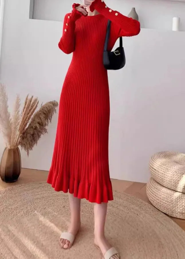Slim Fit White O-neck Ruffled Knit Dress Long Sleeve