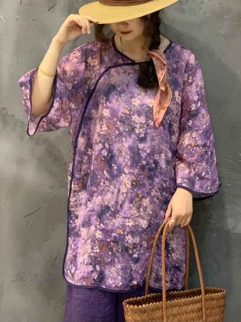 Summer Flower Spliced Long Ramie Shirt