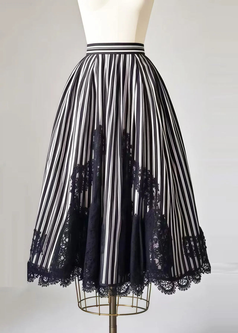 Black Striped Patchwork Lace Exra Large Hem Skirt Summer