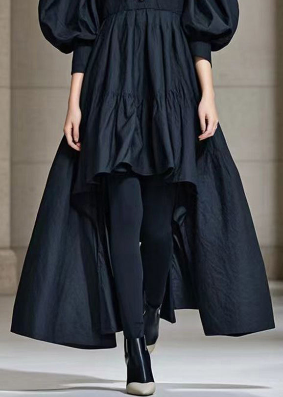 Black Puff Sleeve Low High Design Cotton Maxi Dress