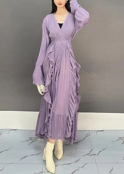 Purple V Neck Ruffled Long Dresses Flare Sleeve