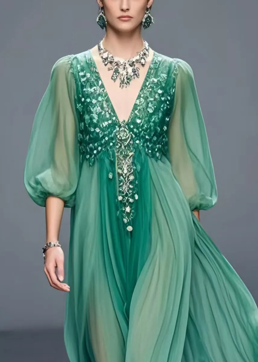 Tea Green V Neck Chiffon Holiday Dress Bracelet Sleeve