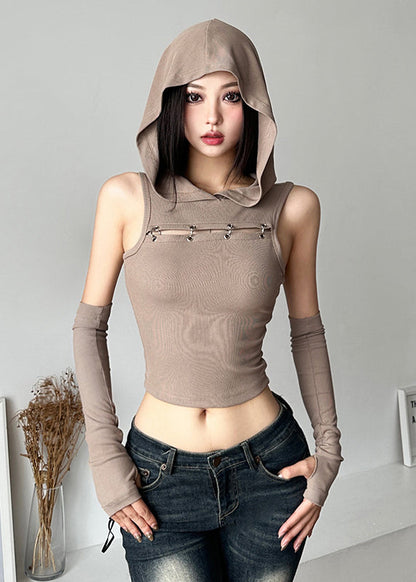 Spicy Girl Khaki Spliced Hooded Hollow Short Top