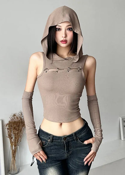 Spicy Girl Khaki Spliced Hooded Hollow Short Top