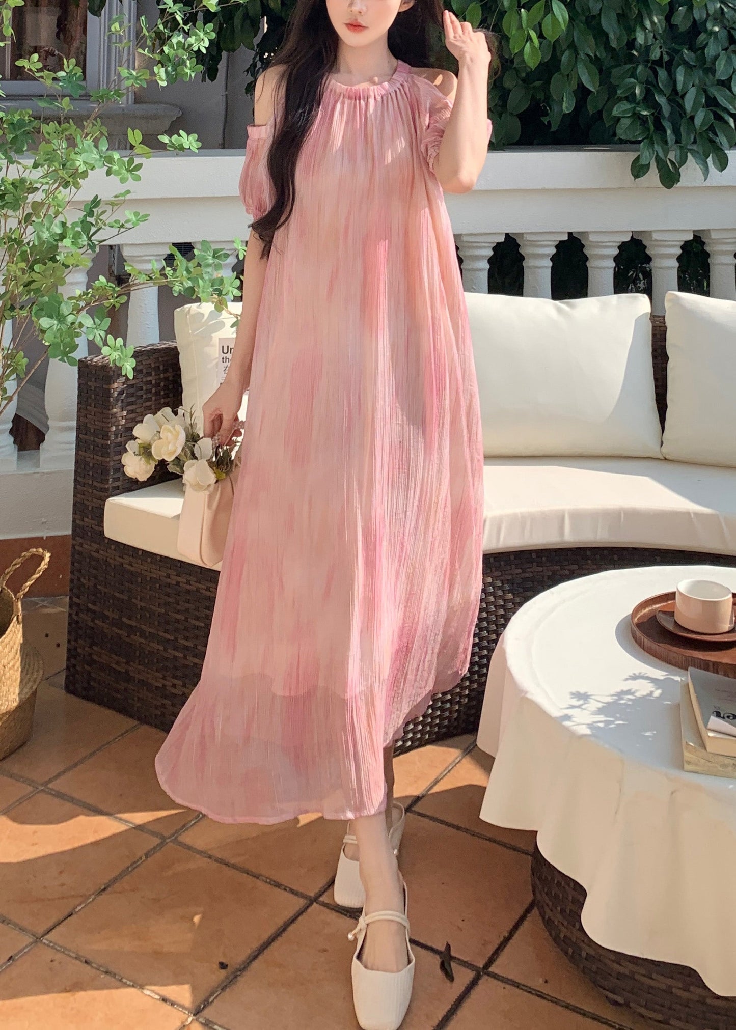 Style Pink Off the Shoulder Puff Sleeve Chiffon Dress