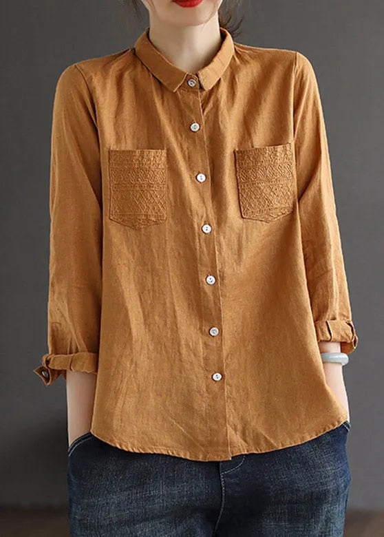 Loose Brown Yellowe Peter Pan Collar Embroidered Button Linen Shirt Long Sleeve