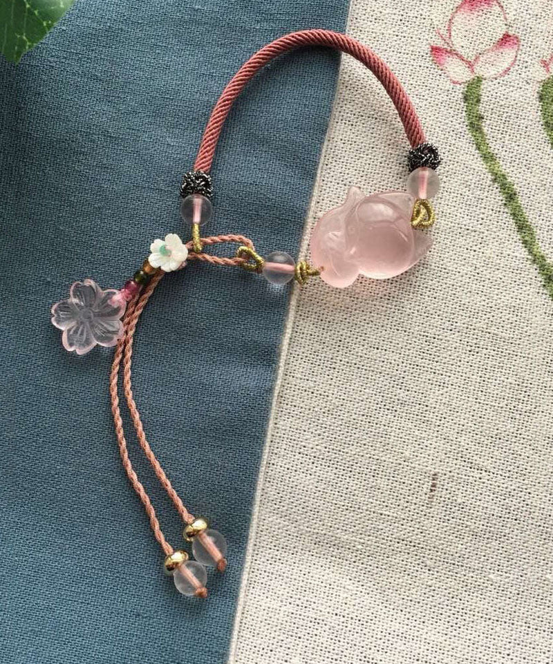 Pink Hand Knitting Crystal Furong Stone Fox Charm Bracelet