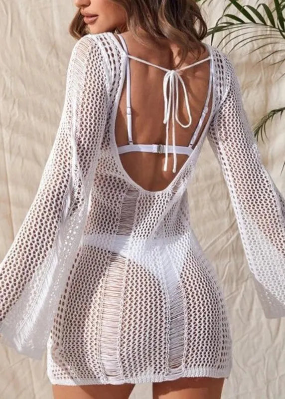 New Hollow Open Back Beach Knitted Cover Up Long Sleeve