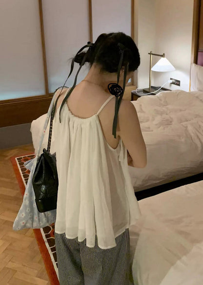 Sweet White Wrinkled Lace Up Strap Tank Top Summer