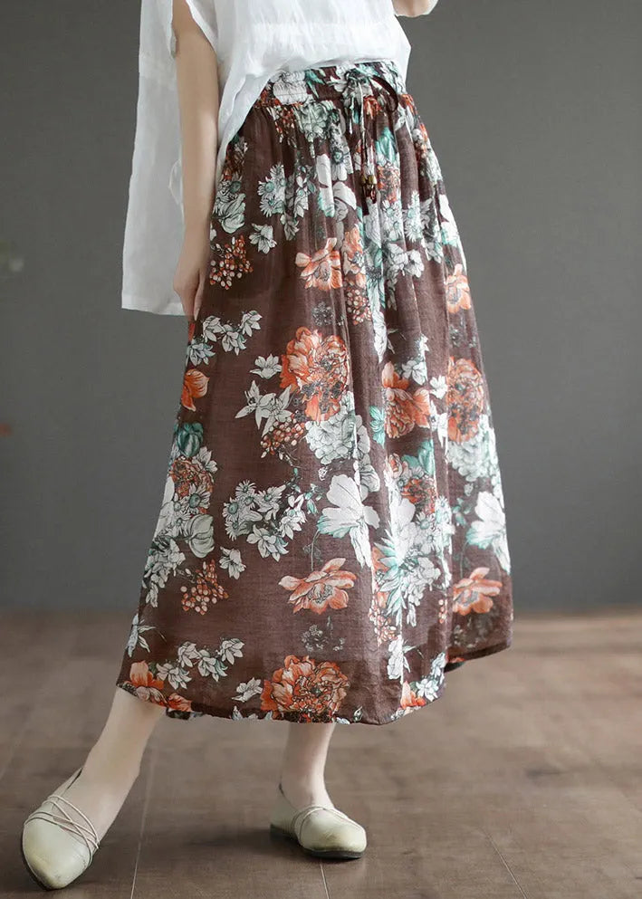 Loose Black Print Tie Waist a Line Skirts Summer