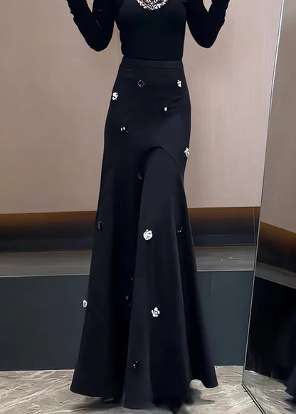 French Black Sequins High Waist Cotton Skirt Spring
