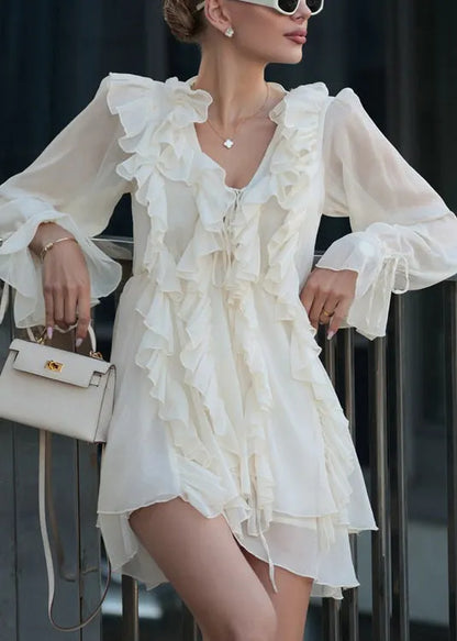 Boutique Apricot V Neck Ruffled Lace Up Chiffon Mini Dress Spring