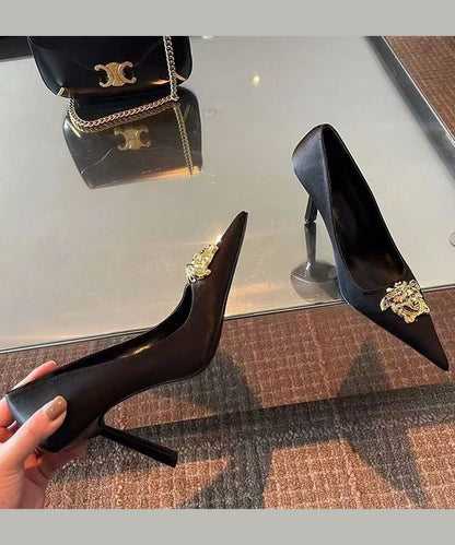 French Black Faux Leather Splicing High Heels Pointed Toe