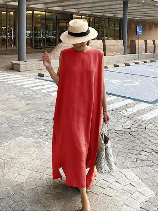O Neck Side Open Linen Cotton Clothes Fabrics Khaki Dress