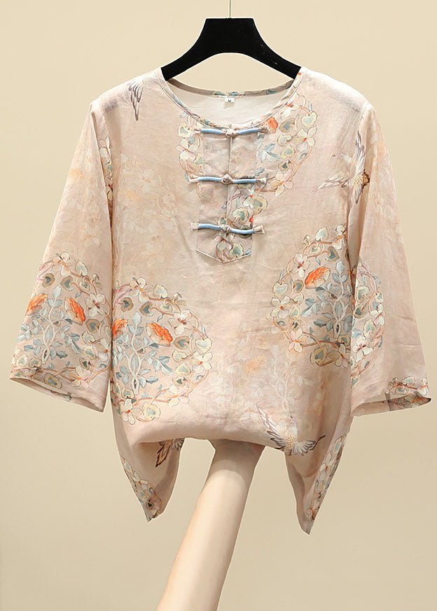 Apricot O-neck Print Oriental Button Side Open Linen Tops Half Sleeve