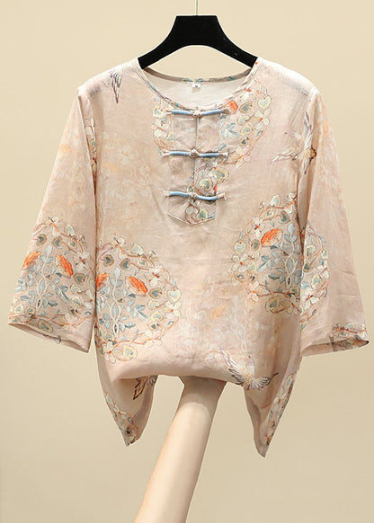Apricot O-neck Print Oriental Button Side Open Linen Tops Half Sleeve