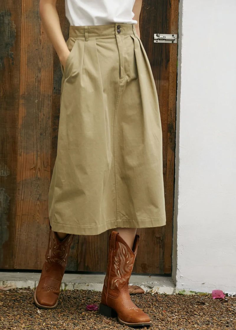 Simple Style Khaki Pockets High Waist Cotton Skirts Summer