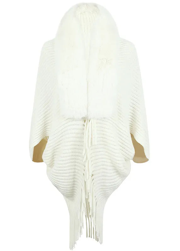 Italian Beige Tassel Fur Collar Patchwork Knit Cape Fall