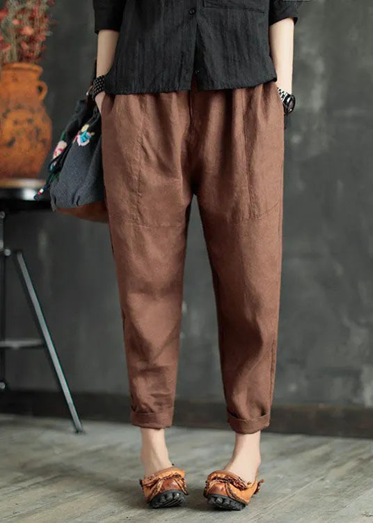 Chocolate Patchwork Linen Crop Pants Elastic Waist Color Summer